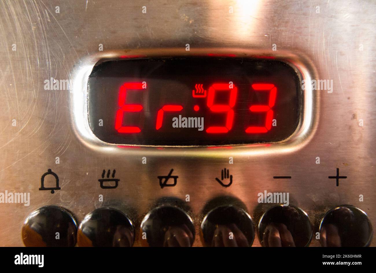 Error message display displayed on a faulty cooker / electric oven which has a digital clock and