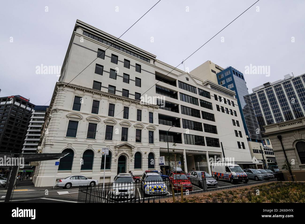 Ministry of Justice and the District Court on Ballance Street in Wellington on the north island of New Zealand. Wellington is nicknamed 'Windy Welling Stock Photo