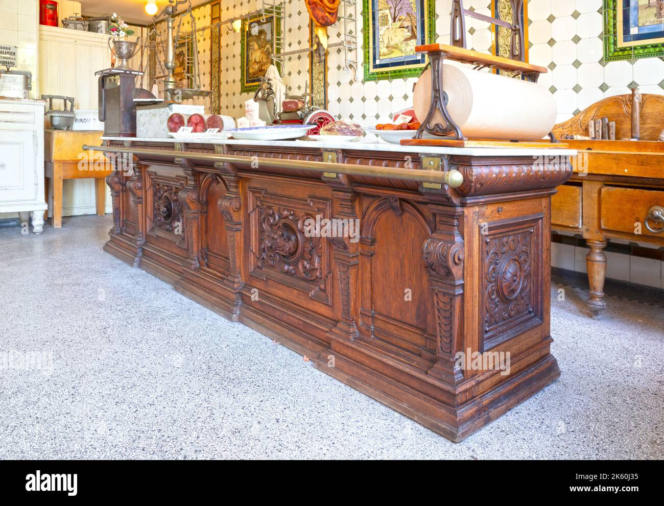 Enkhuizen, the Netherlands on august 7, 2022. The interior of a butcher shop from 1900 Stock Photo