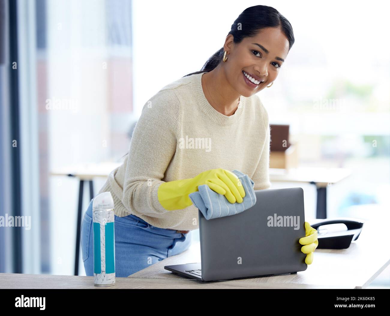 Laptop, cleaning service and woman office portrait product, dust cloth