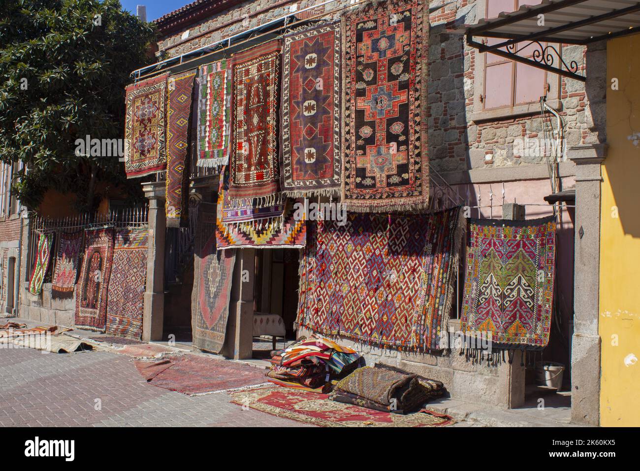Traditional handmade carpets,  traditional hand weaving rugs hang in front of the carpet shop Stock Photo