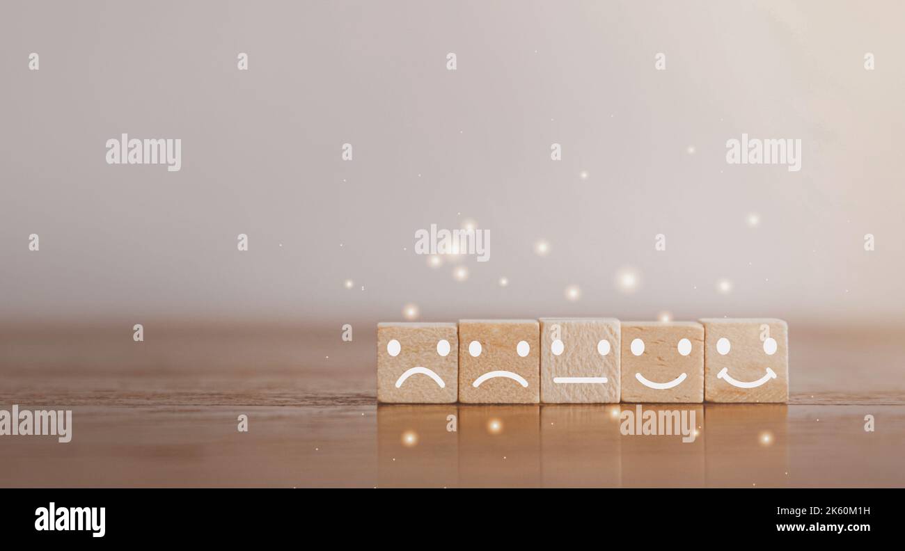 Smiley face rating on wood block square customer service evaluation