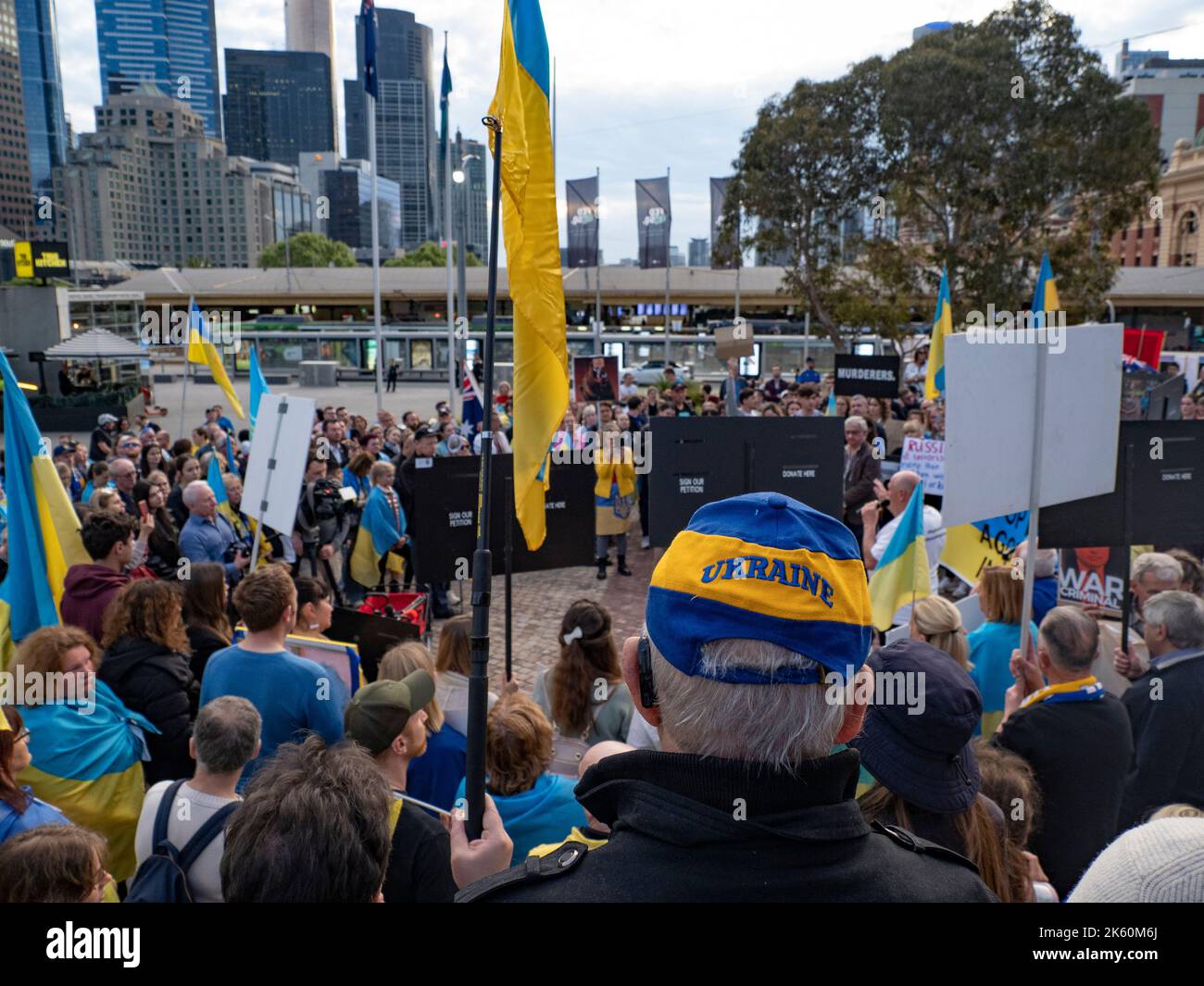 11th October 2022, Melbourne, Australia. People gather in Federation Square, Melbourne, to protest Vladmir Putin’s invasion of Ukraine, calling for more arms and aid to be sent to Ukraine as well as the removal of Russia from the United Nations. Credit: Jay Kogler/Alamy Live News Stock Photo