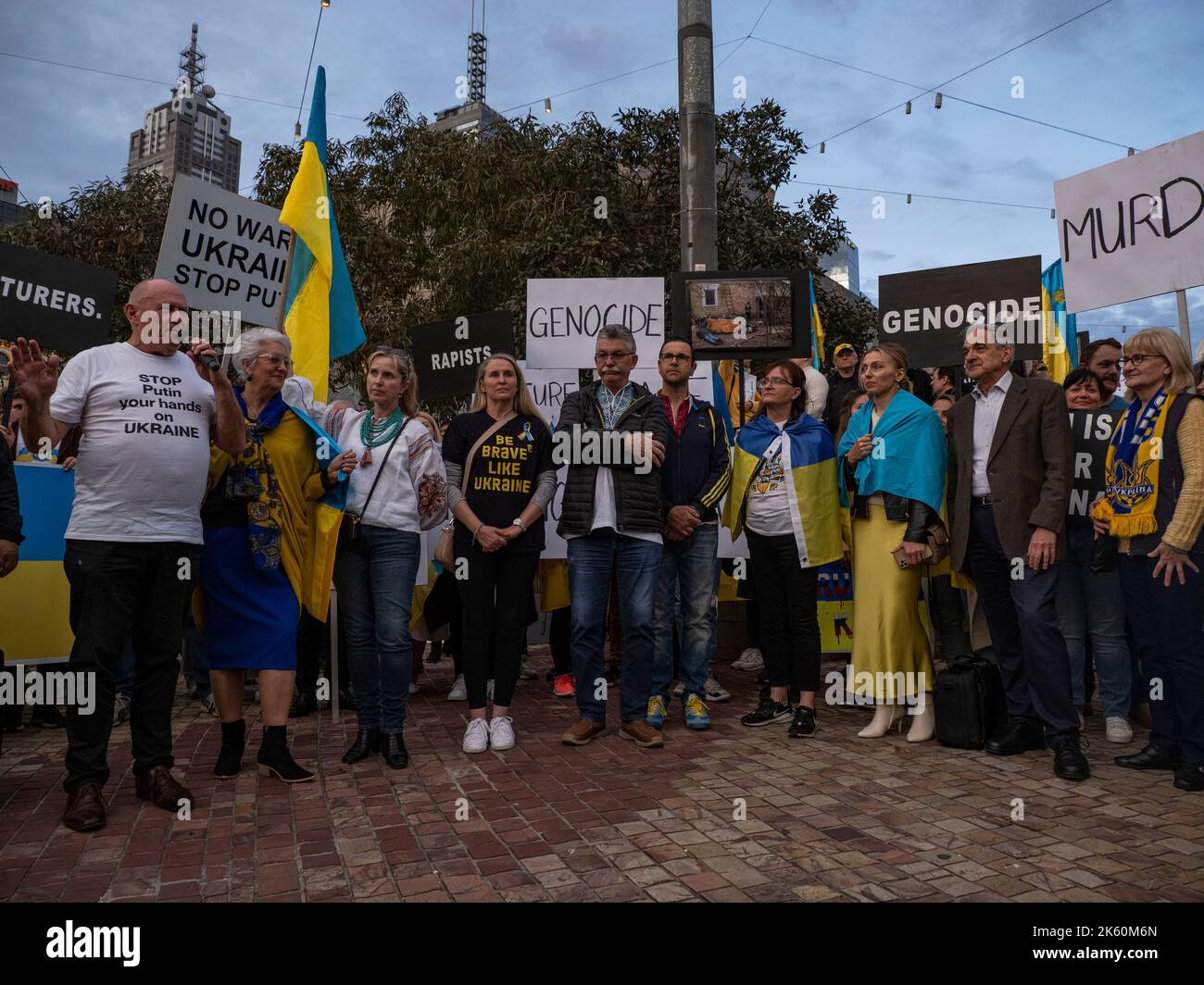 11th October 2022, Melbourne, Australia. People gather in Federation Square, Melbourne, to protest Vladmir Putin’s invasion of Ukraine, calling for more arms and aid to be sent to Ukraine as well as the removal of Russia from the United Nations. Credit: Jay Kogler/Alamy Live News Stock Photo