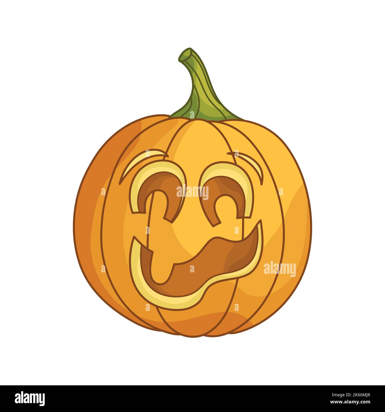 Funny jack-o-lantern pumpkin head. A traditional character for Halloween. Simple design element for greeting cards, posters, stickers, banners and holiday decor. Cute cartoon flat illustration. Stock Vector