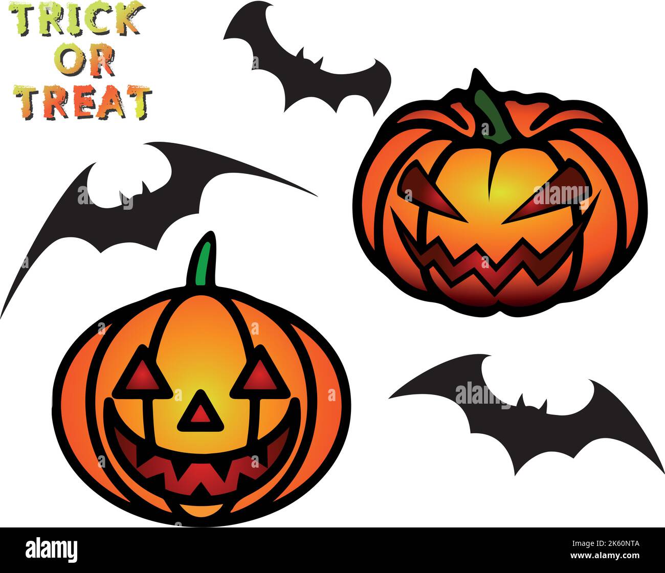 Vector Halloween set, pumpkin laughing scary face and flying black bats