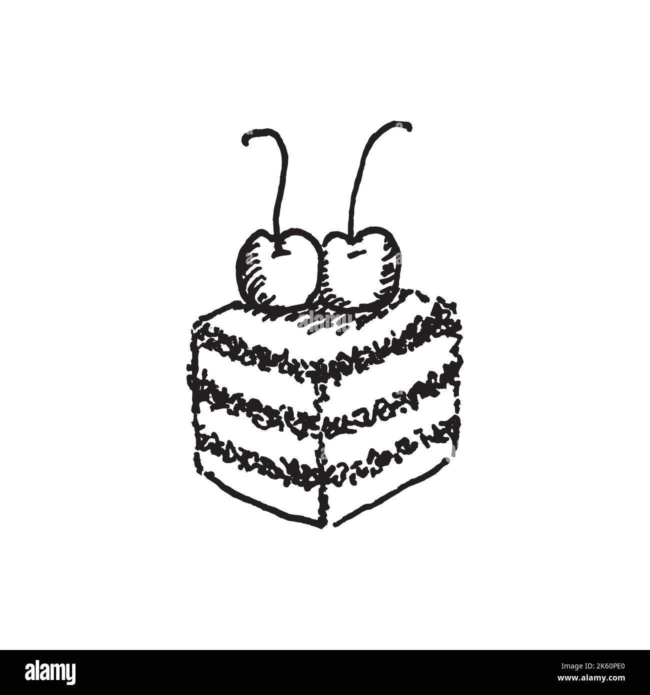 Hand drawn vector cute cherry cake. Doodle style. Black outline ...