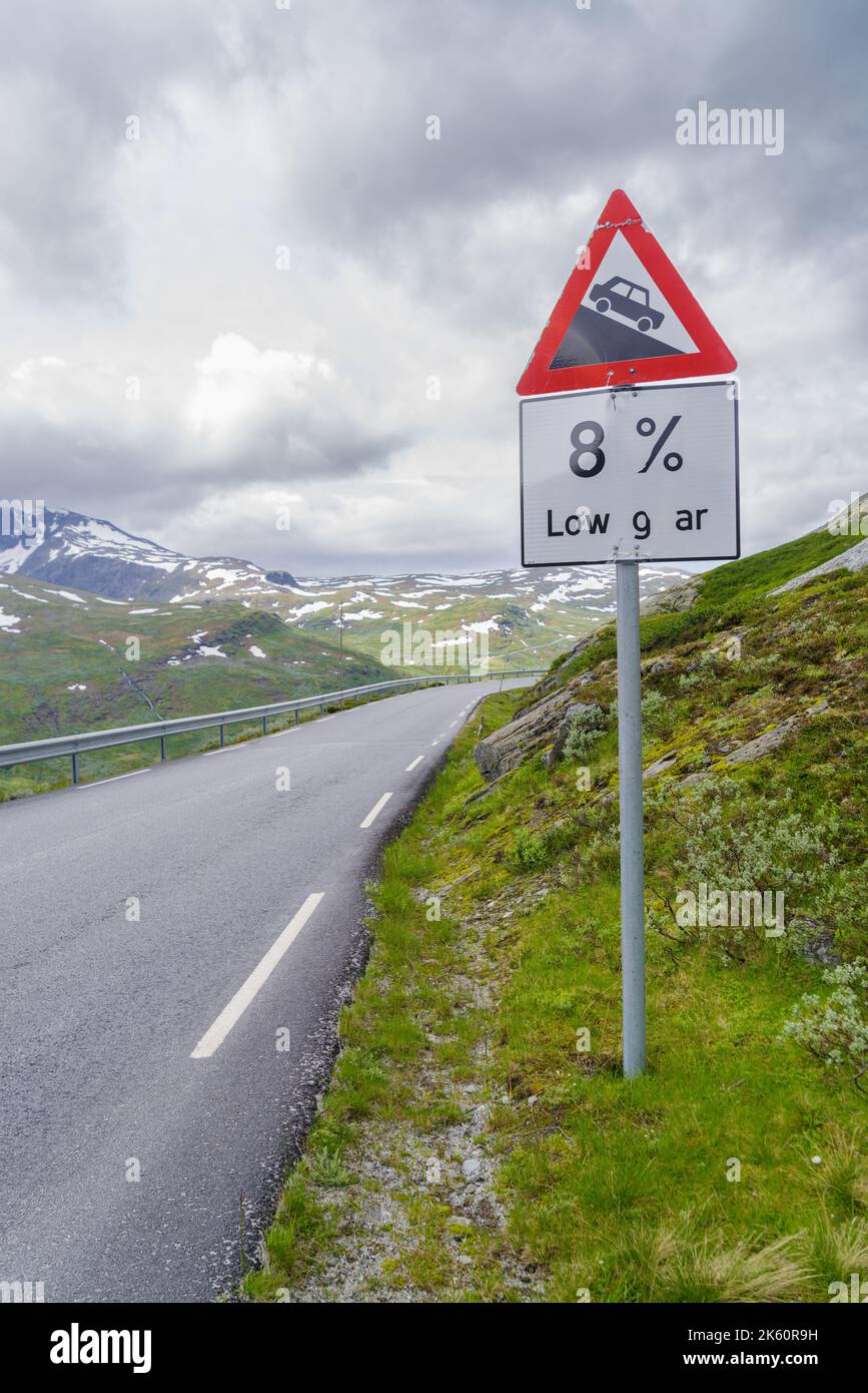 Steep hill warning sign at the Oscarshaug viewpoint along national ...