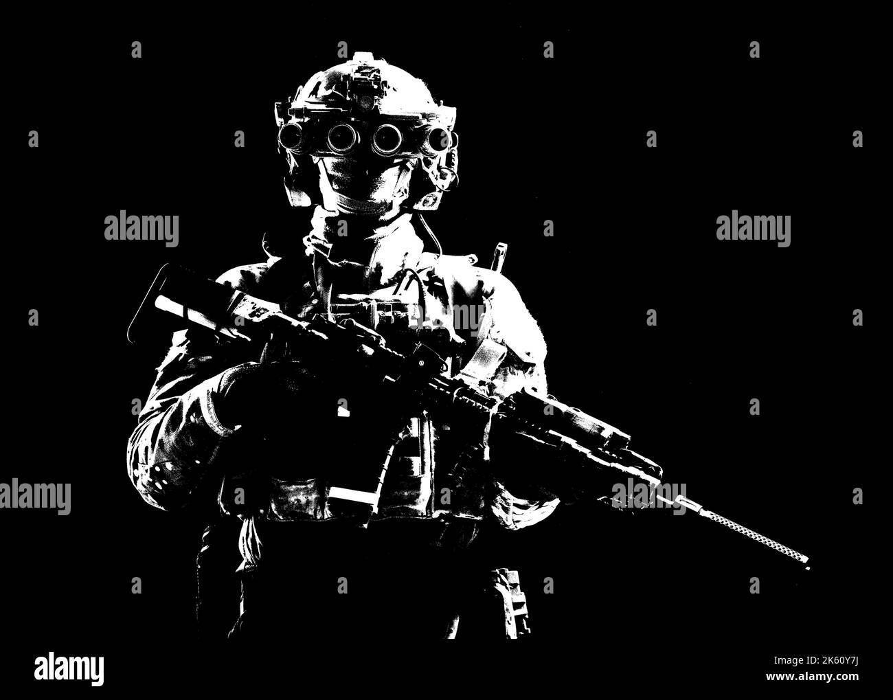 Modern army special forces equipped soldier, anti terrorist squad fighter, elite mercenary armed