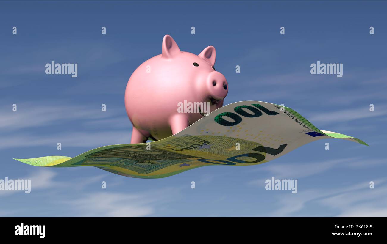 Piggy bank flies on 100 Euro note Stock Photo