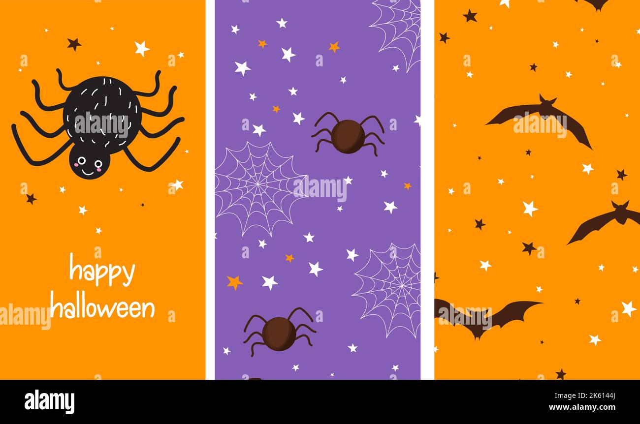 Set Halloween cute card with spider and seamless patterns with bat, spider in simple cartoon style, holiday kids design. . Vector illustration Stock Vector