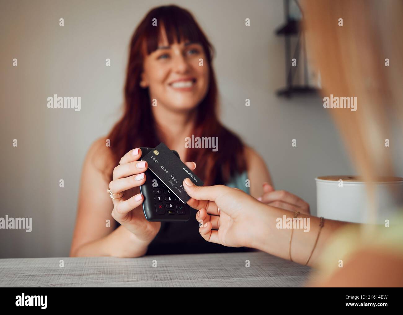 Credit card, cafe customer and rfid payment at cashier, waiter service and point of sale machine. Worker hands process finance, money and retail Stock Photo