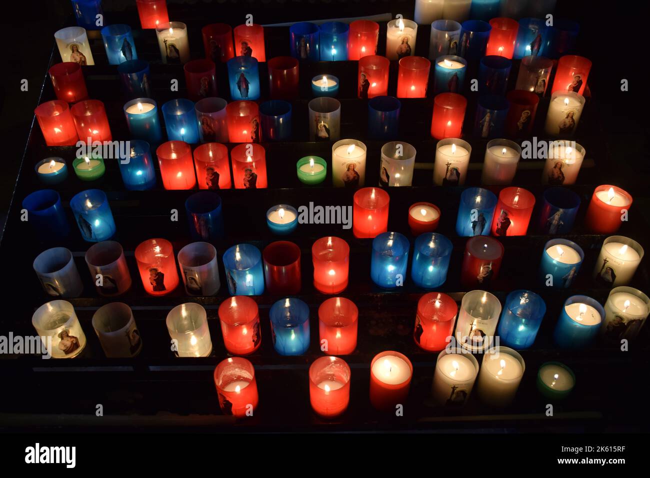Candles in church, Collioure, Pyrenees-Orientales, Southern France 2022 Stock Photo