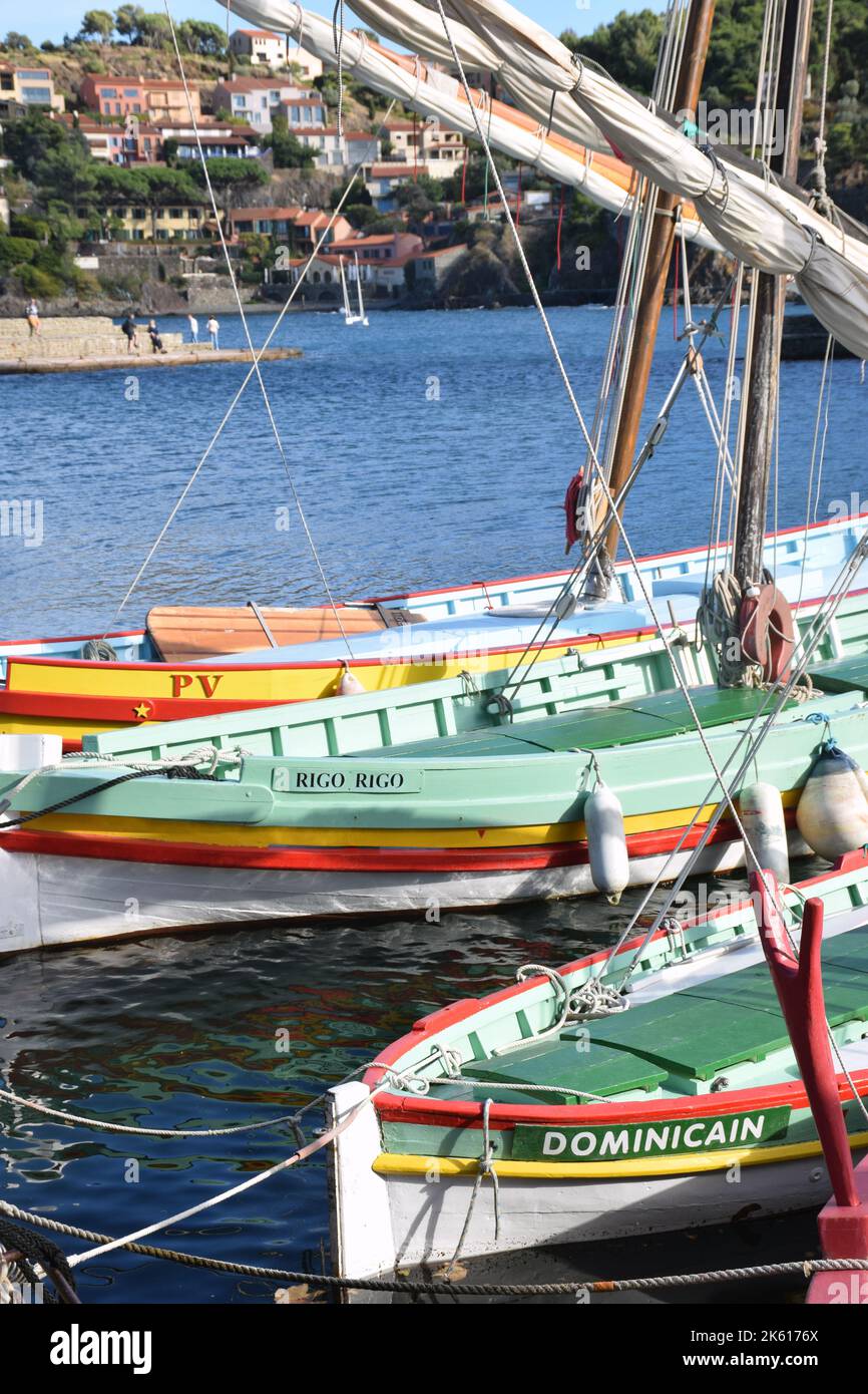 Traditional Catalan boats, Collioure, Pyrenees-Orientales, Southern France 2022 Stock Photo