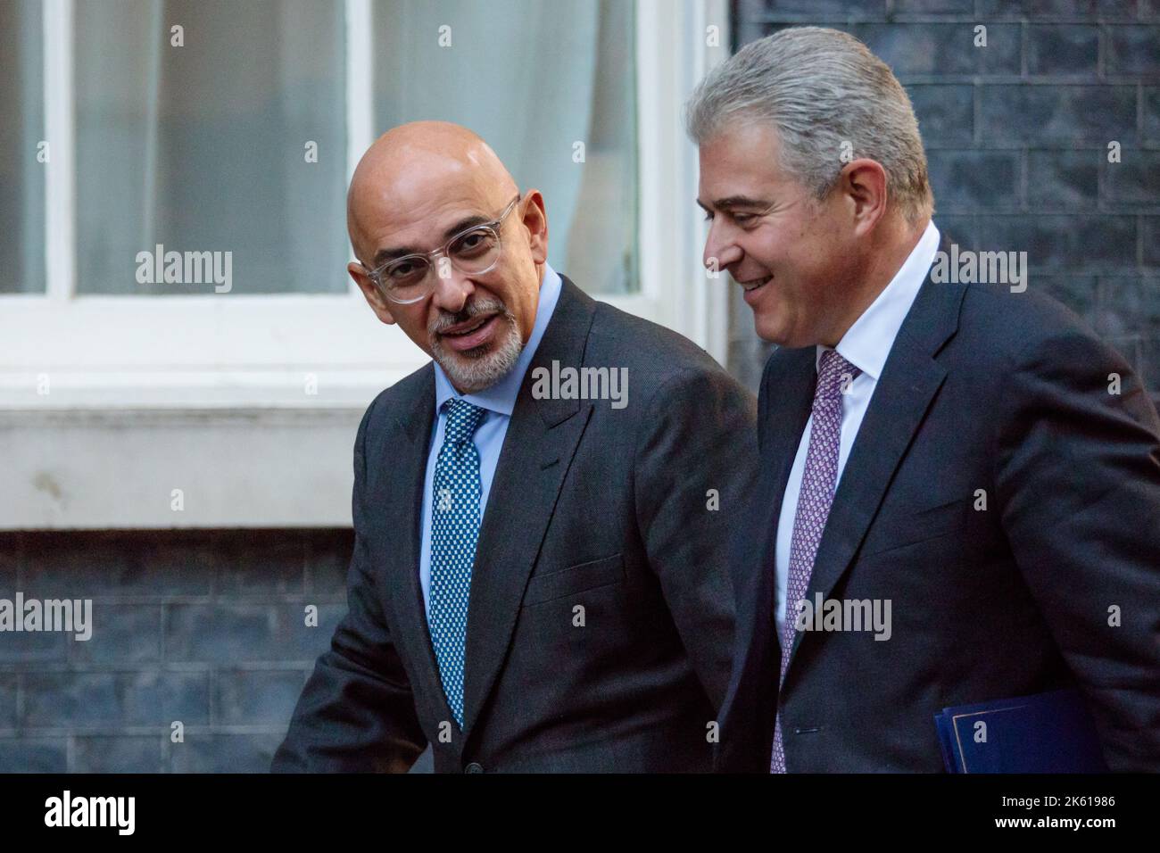 Downing Street, London, UK. 11th October 2022. Ministers attend the first Cabinet Meeting at 10 Downing Street since the Conservative Party Conference last week. Nadhim Zahawi MP, Chancellor of the Duchy of Lancaster, Minister for Intergovernmental Relations and Minister for Equalities and Brandon Lewis CBE MP, Lord Chancellor and Secretary of State for Justice. Photo:Amanda Rose/Alamy Live News Stock Photo
