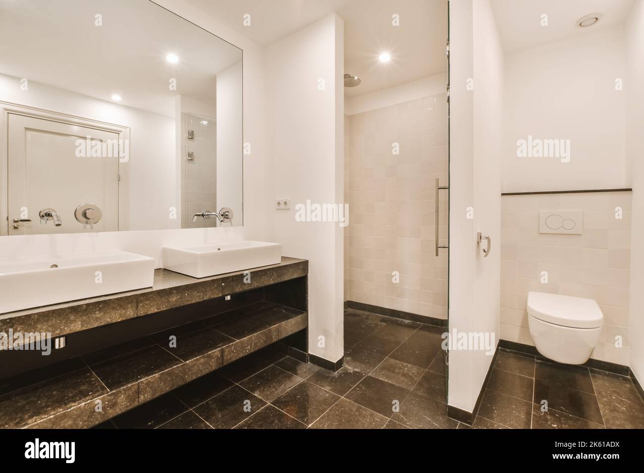Toilet installed behind partition with sinks and mirror in light contemporary bathroom at home ...