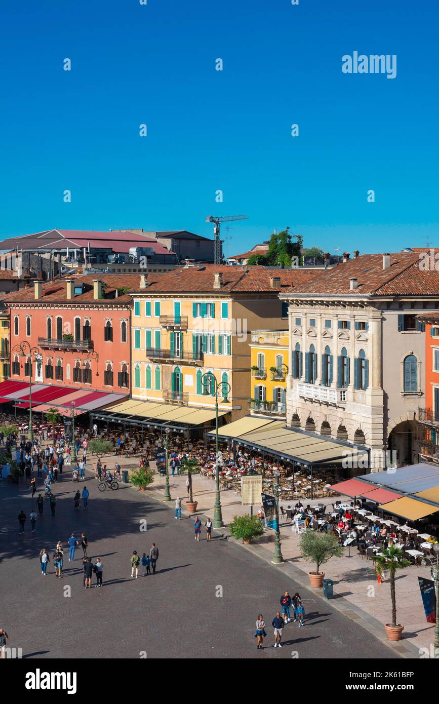 Verona Piazza Bra, view in summer of the western side of Piazza Bra, a colorful row of cafes and restaurants known as the Liston, Verona, Veneto Italy Stock Photo