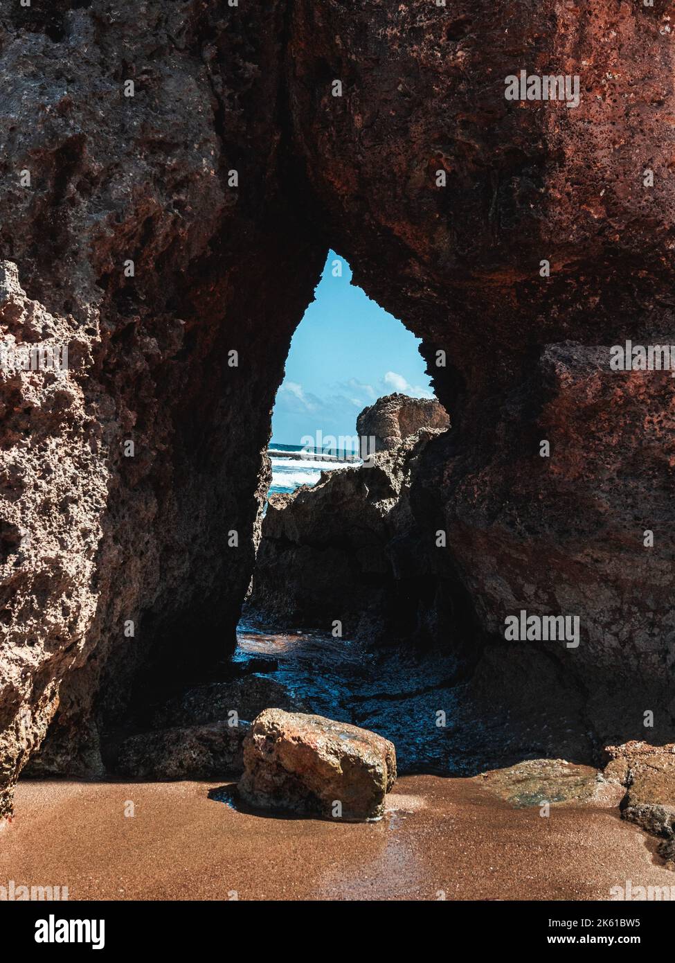 Puerto rico Aguadilla survival beach caves with big rocks formation from the caribbean coast puerto rico northwest side. Island coast nature structure Stock Photo