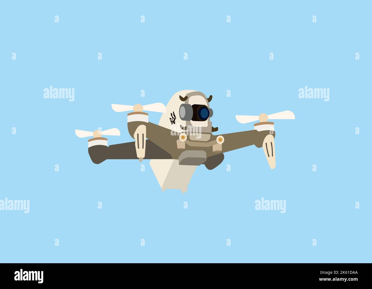 illustration of modern military quadcopter drone with video camera and ukrainian trident isolated on blue,stock illustration Stock Vector
