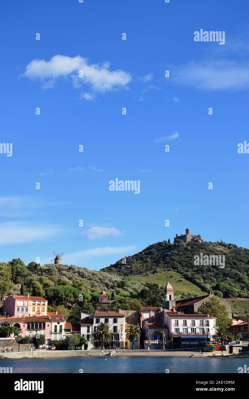 Collioure, Pyrenees-Orientales, Southern France 2022. St Elmo fort in the distance. Stock Photo