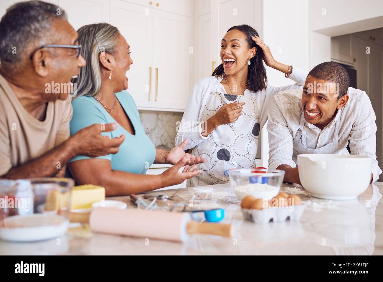 Black family, kitchen and happy for cooking, baking and bonding in home