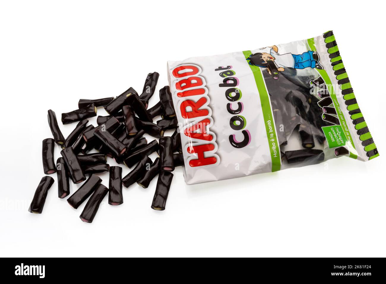 Turin, Italy - July 01, 2022: Haribo Cocobat Licorice Candies filled with fruit flavors as they come out of italian package isolated on white Stock Photo