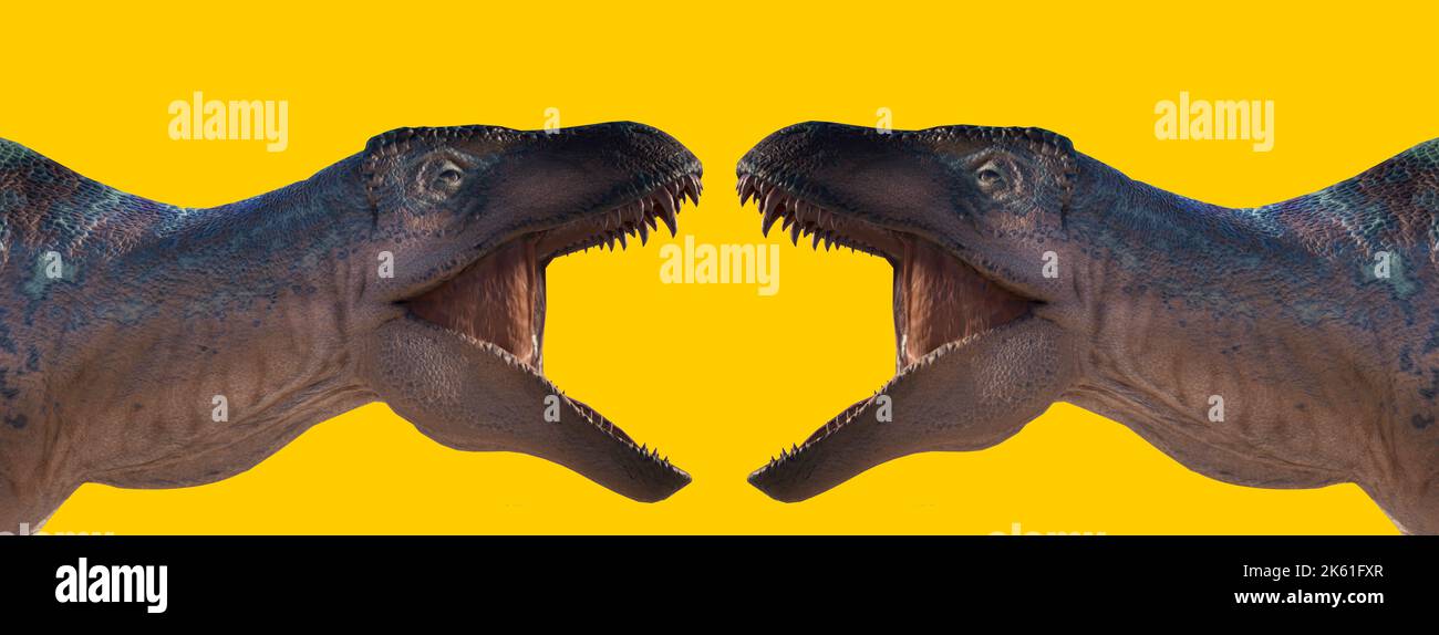 A pair of roaring Acrocanthosaurus dinosaur figures isolated on a yellow background Stock Photo