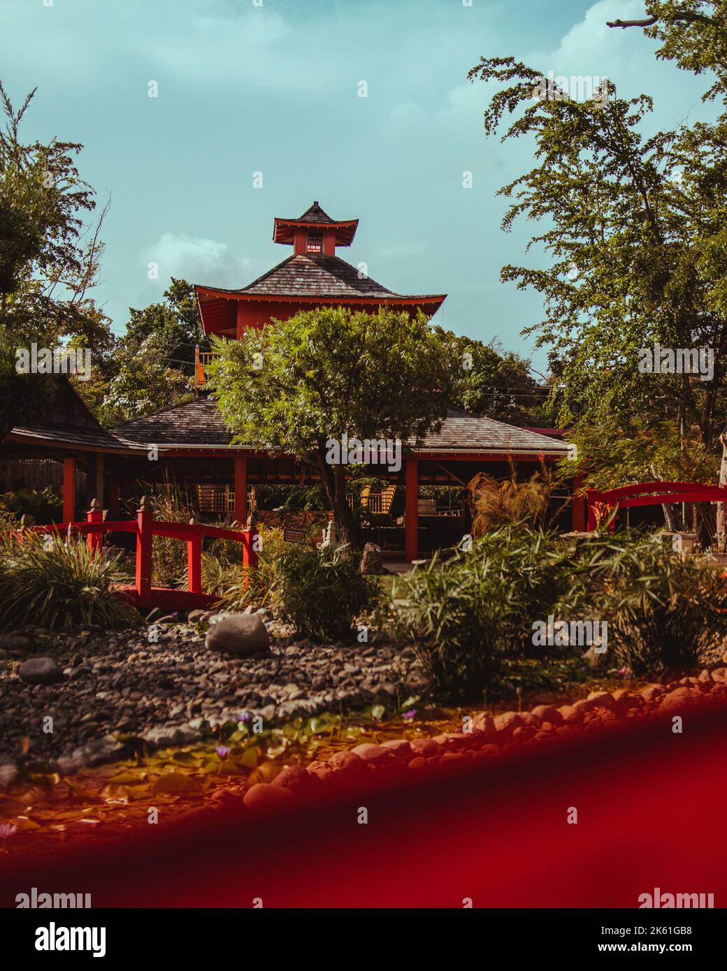 Puerto Rico Japanese garden mini park lovely wooden dojo Stock Photo