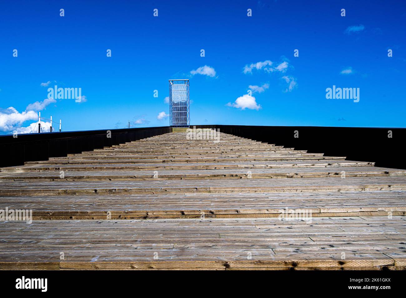 Photo of a section of the Halifax Waterfront Harbor boardwalk that juts out to sea. Stock Photo
