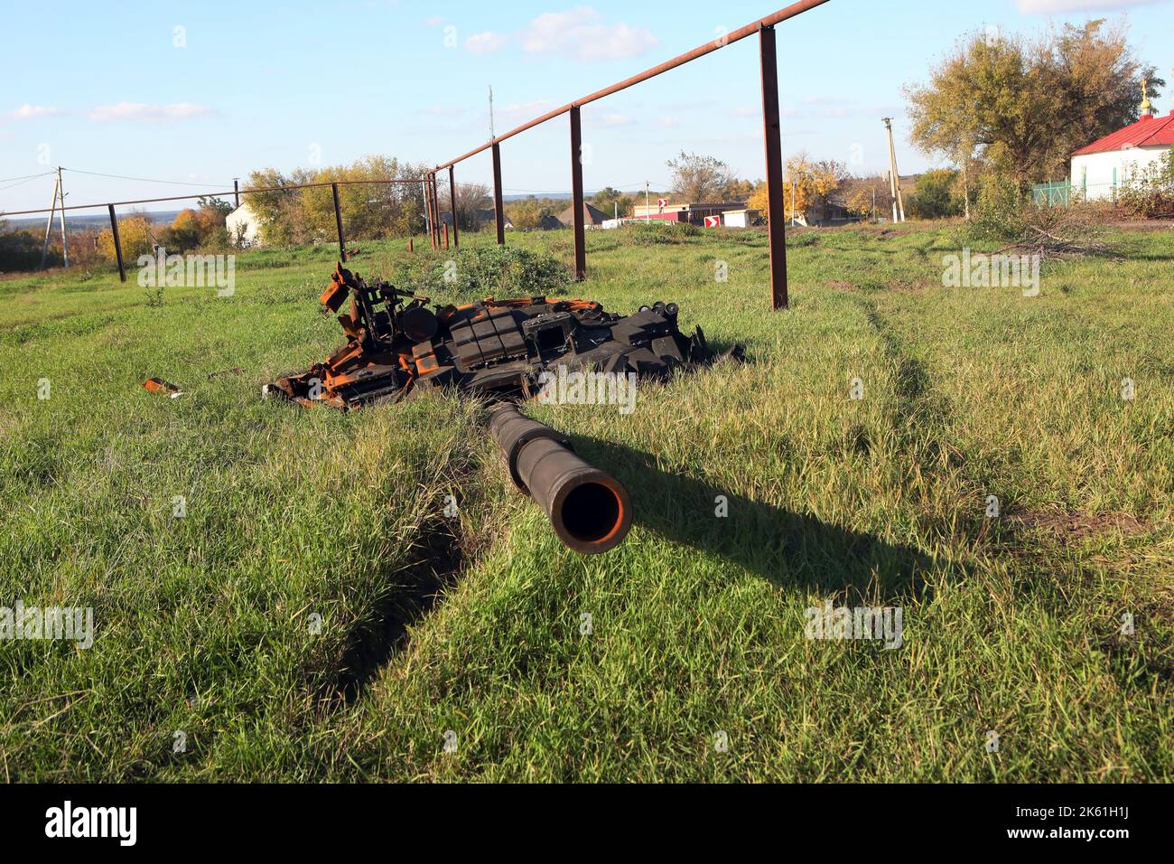 KHARKIV REGION, UKRAINE - OCTOBER 11, 2022 - Blown off turret of a destroyed russian tank is seen in the village of Pisky-Radkivski liberated from the russian occupiers , Kharkiv Region, northeastern Ukraine. Credit: Ukrinform/Alamy Live News Stock Photo