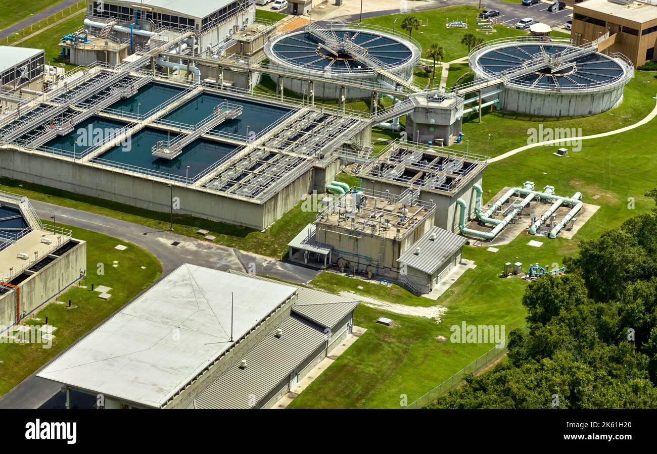 Aerial view of modern water cleaning facility at urban wastewater