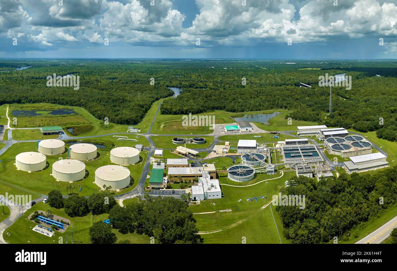 Aerial view of modern water cleaning facility at urban wastewater