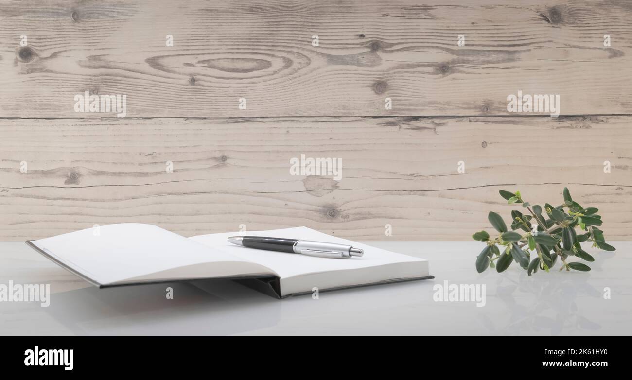 Open book on a workspace with sheets without writing Stock Photo - Alamy