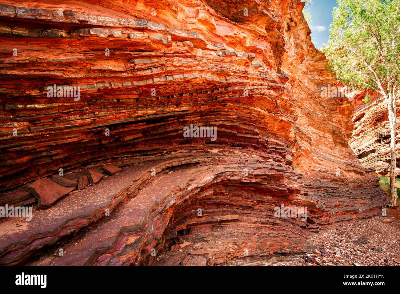 Outstanding rock layers of Hamersley Gorge in Karijini National Park. Stock Photo