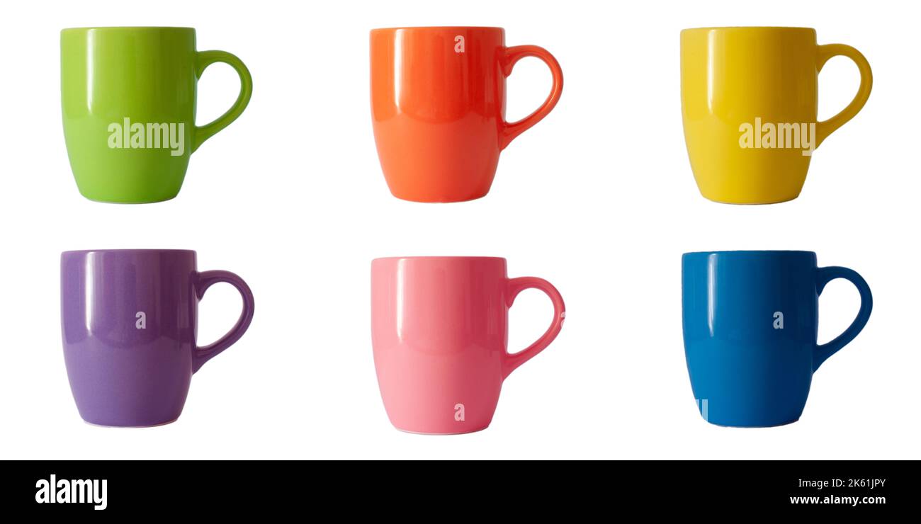 Shiny ceramic green, orange, yellow, magenta, pink and blue color mug or cup for tea set, coffee, hot beverage or water. Isolated background. Stock Photo