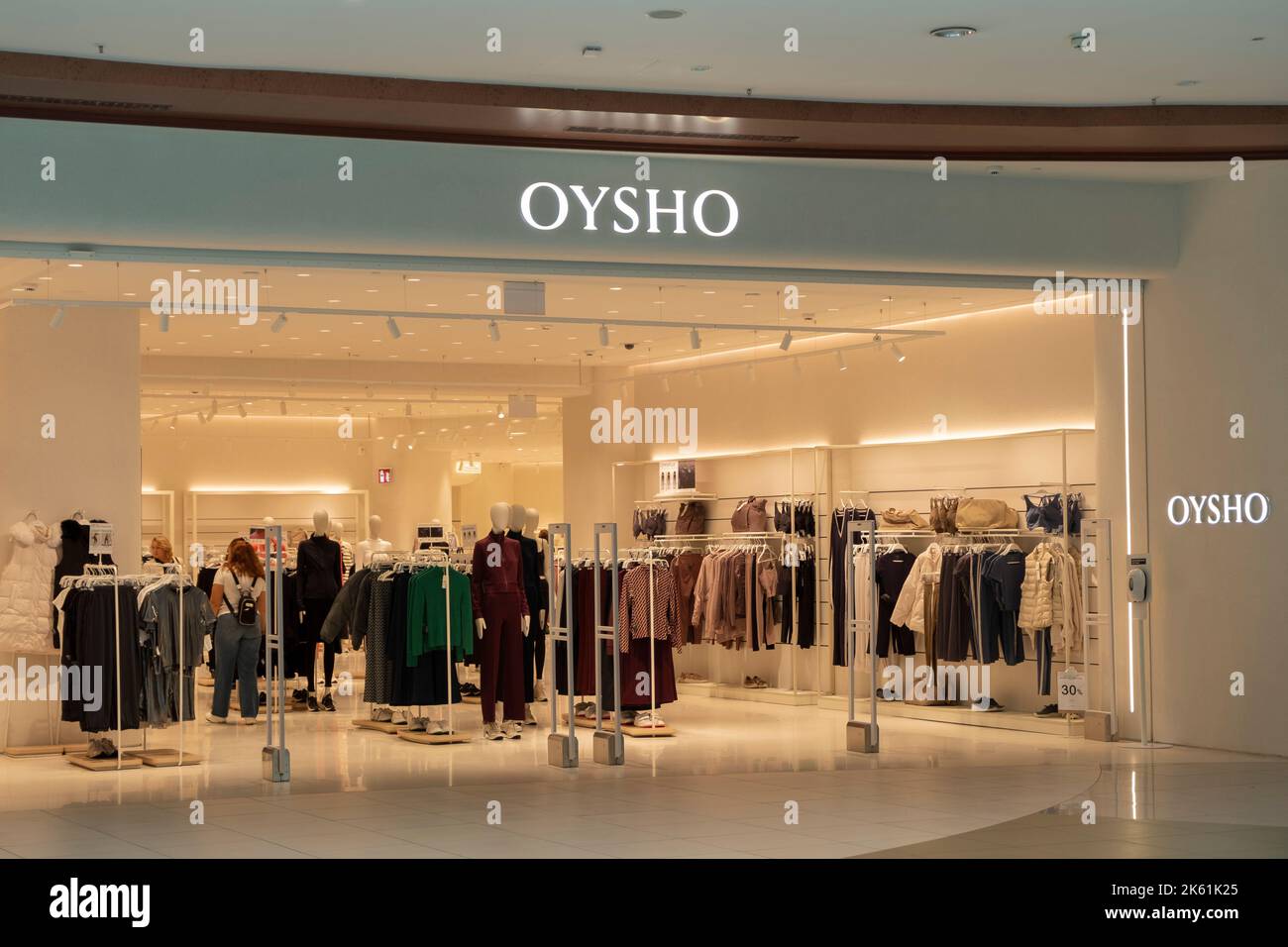 Sofia, Bulgaria - 30 May, 2022: Bright white shop sign of international clothing company OYSHO in a shopping mall Stock Photo