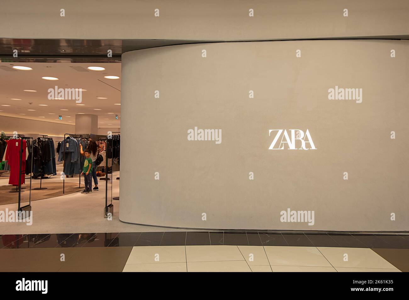 Sofia, Bulgaria - 30 May, 2022: Bright white logo of international clothing company ZARA in a shopping mall Stock Photo
