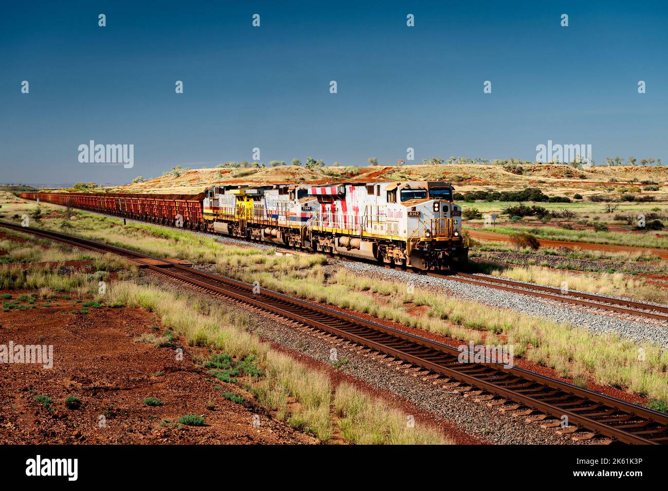 Rio Tinto railway transporting iron ore to the coast. Stock Photo