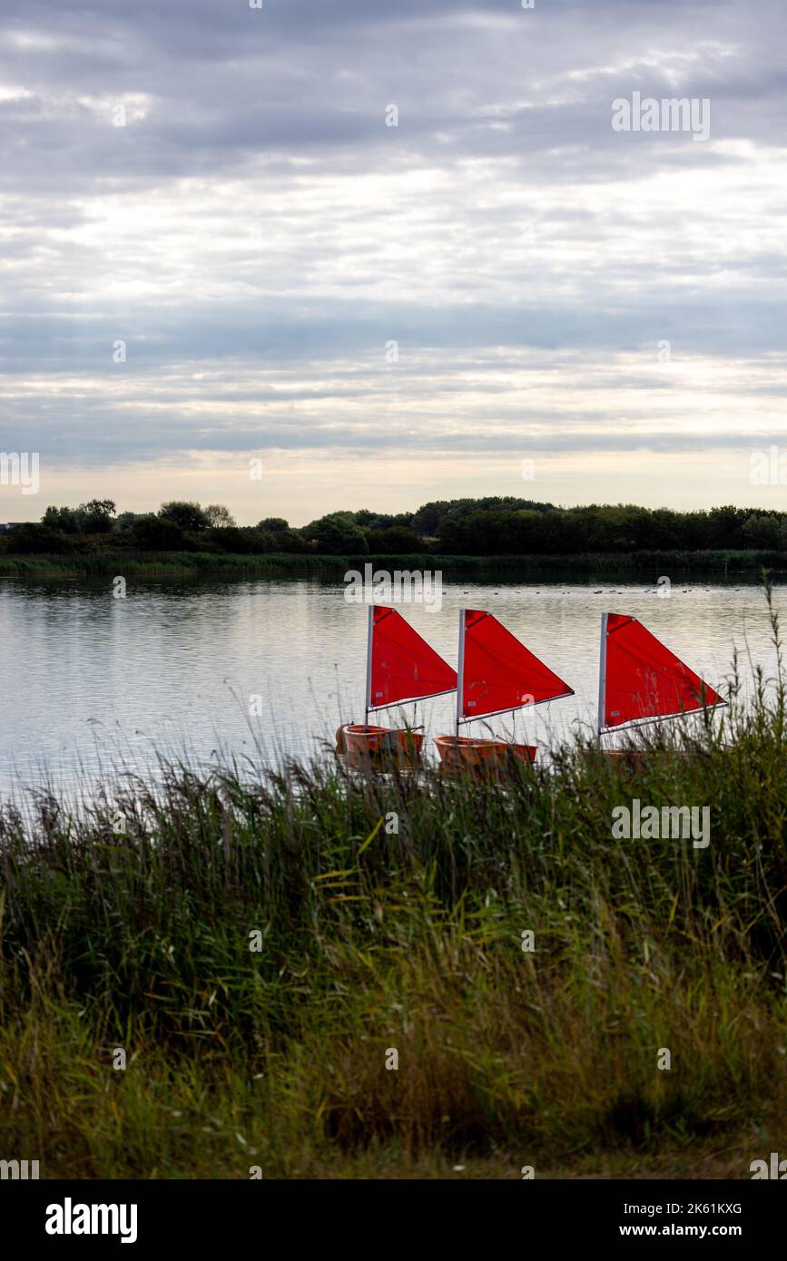 Small boats with red sails on a lake Stock Photo
