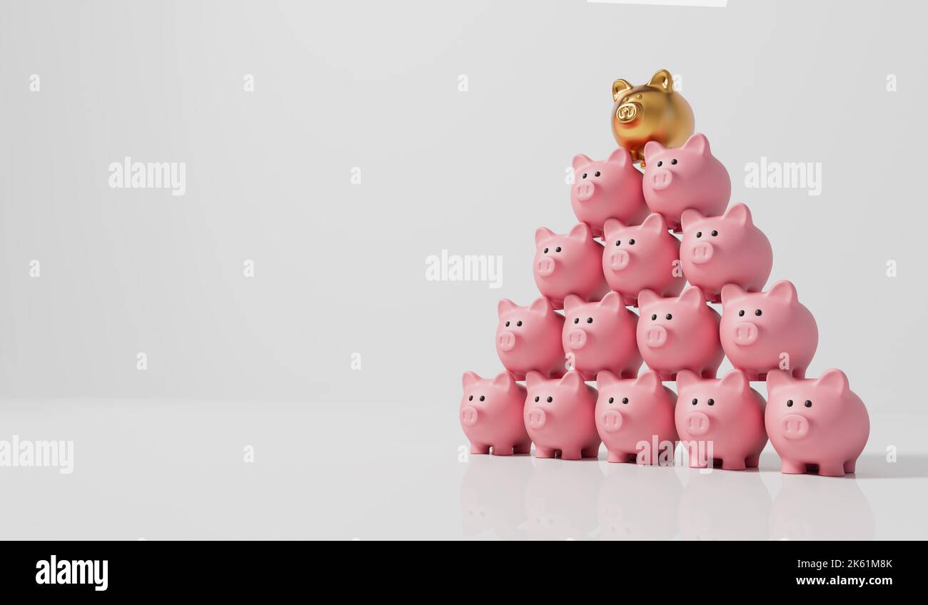 A stack of piggy bank money boxes in a pyramid shape. 3D Rendering ...