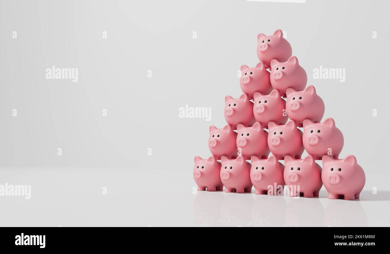 A pyramid tower of stacked piggy bank money boxes. 3D Rendering Stock ...