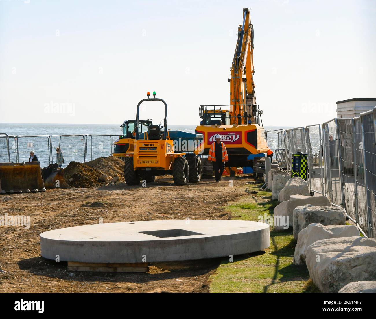 Portland Bill, Dorset, UK.  11th October 2022.  Construction work by Wessex Water at Portland Bill in Dorset to improve the storm overflow by the lighthouse sewage pumping station to reduce how often it is used.  Picture Credit: Graham Hunt/Alamy Live News Stock Photo