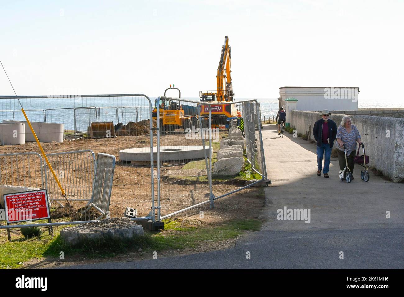 Portland Bill, Dorset, UK.  11th October 2022.  Construction work by Wessex Water at Portland Bill in Dorset to improve the storm overflow by the lighthouse sewage pumping station to reduce how often it is used.  Picture Credit: Graham Hunt/Alamy Live News Stock Photo