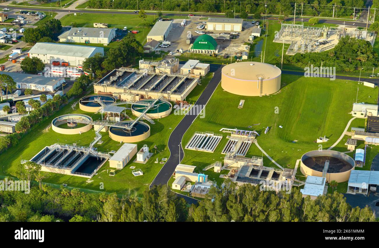 Aerial view of modern water cleaning facility at urban wastewater
