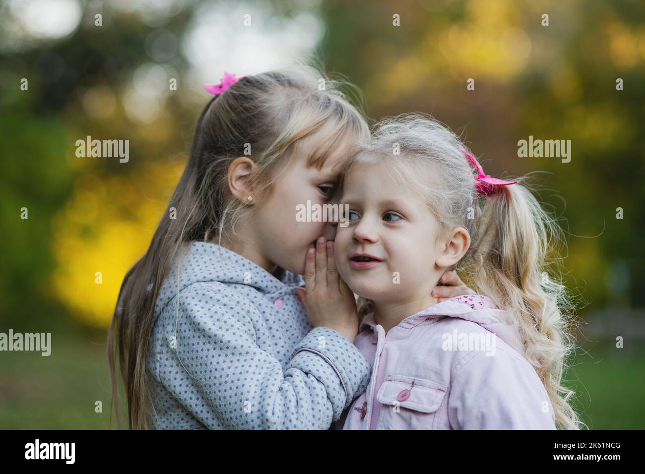 A little girl tells the secret in her friend's ear. Two cute baby girls in the autumn park. Stock Photo