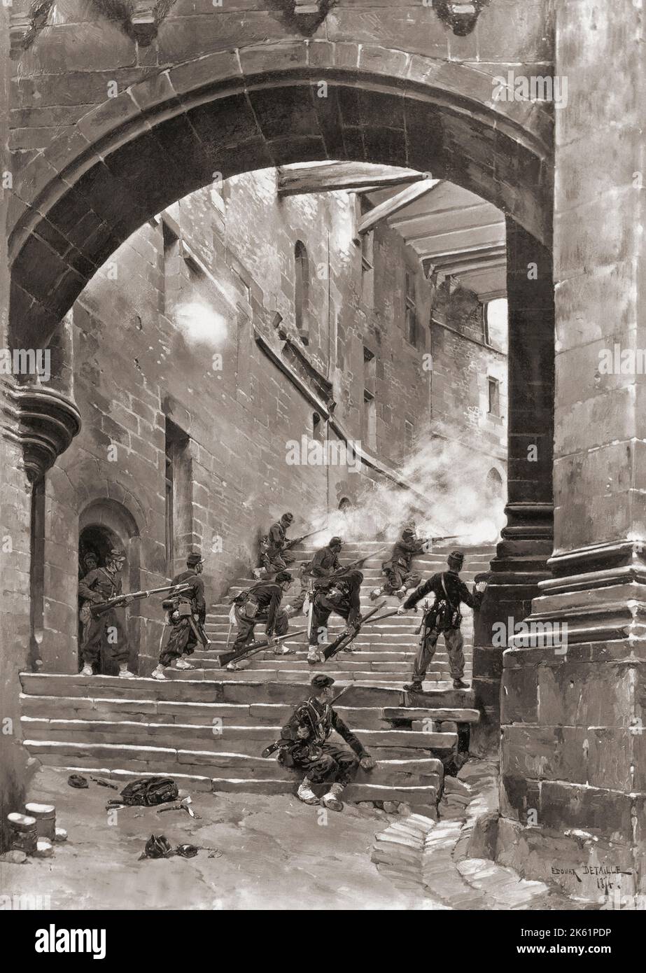 French soldiers in combat in a chateau during the Franco-Prussian War of 1870.  After a painting by Edouard Detaille. Stock Photo