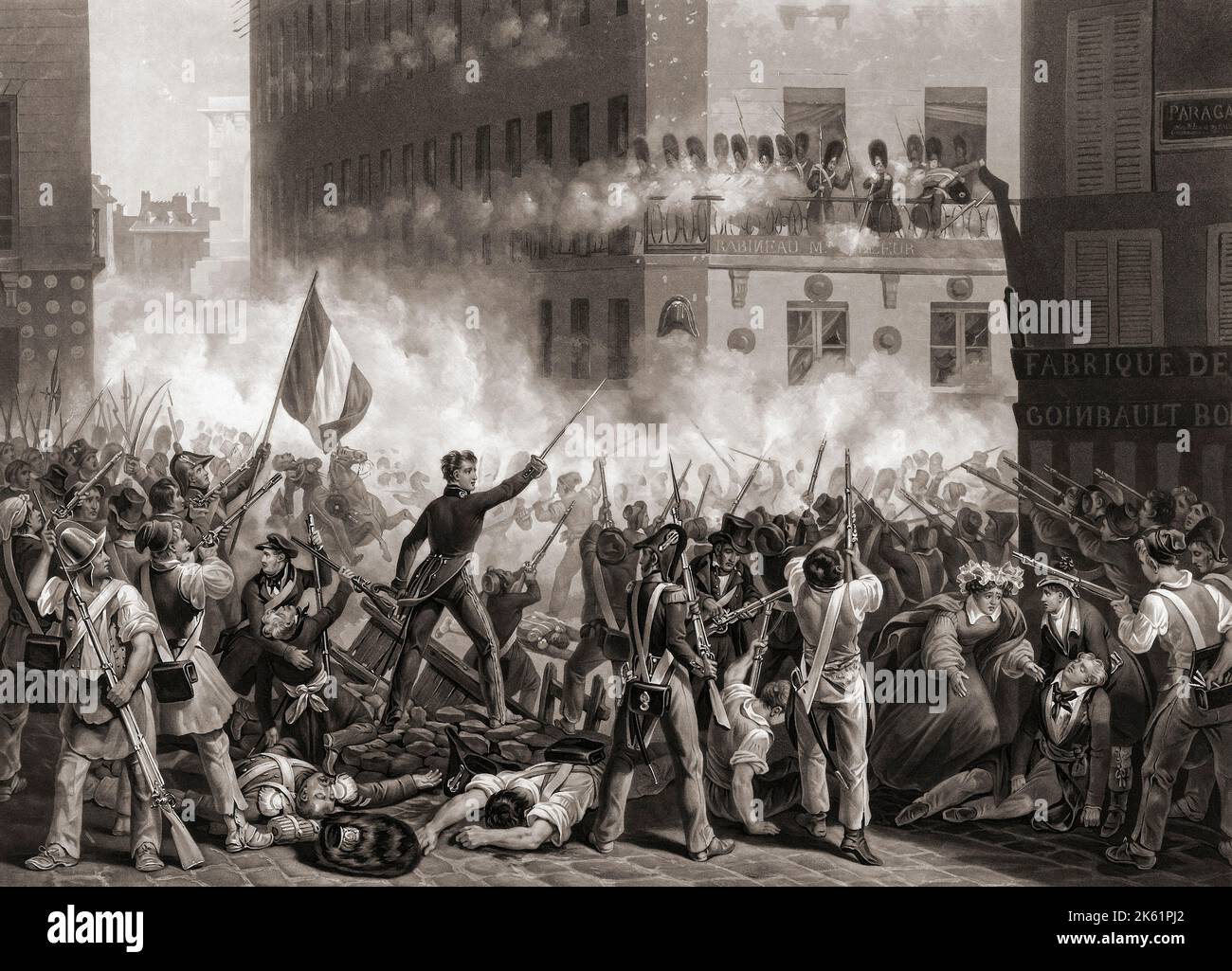 Battle during the July Revolution of 1830 on Rue de Rohan, Paris.  From a print by Jean Pierre Marie Jazet  after the painting by Hippolyte Lecomte. Stock Photo