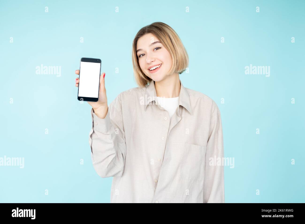 important information presenting woman mobile Stock Photo