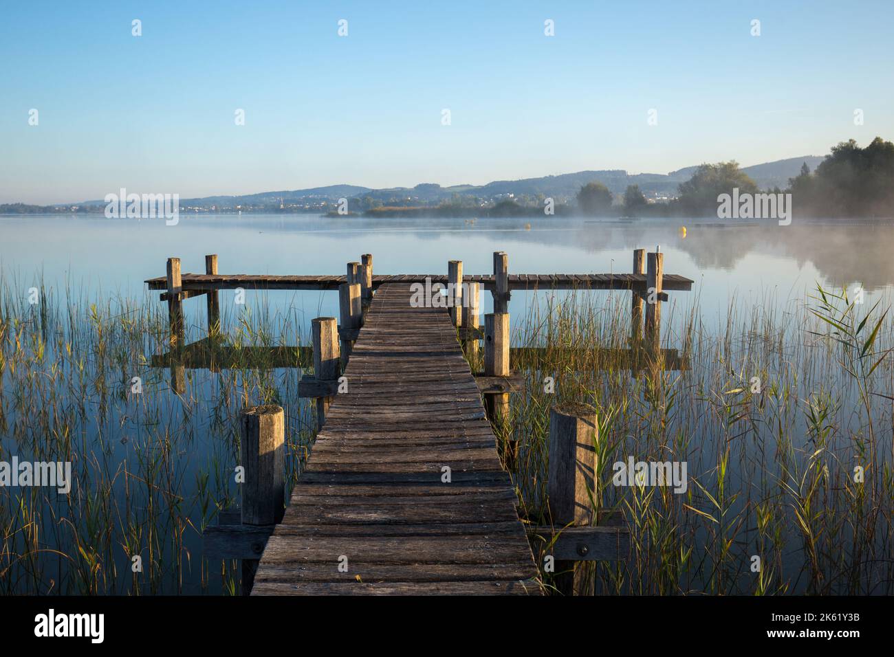Early morning mood at the Pfäffikersee in Switzerland at sunrise and clear weather with warm light. Stock Photo