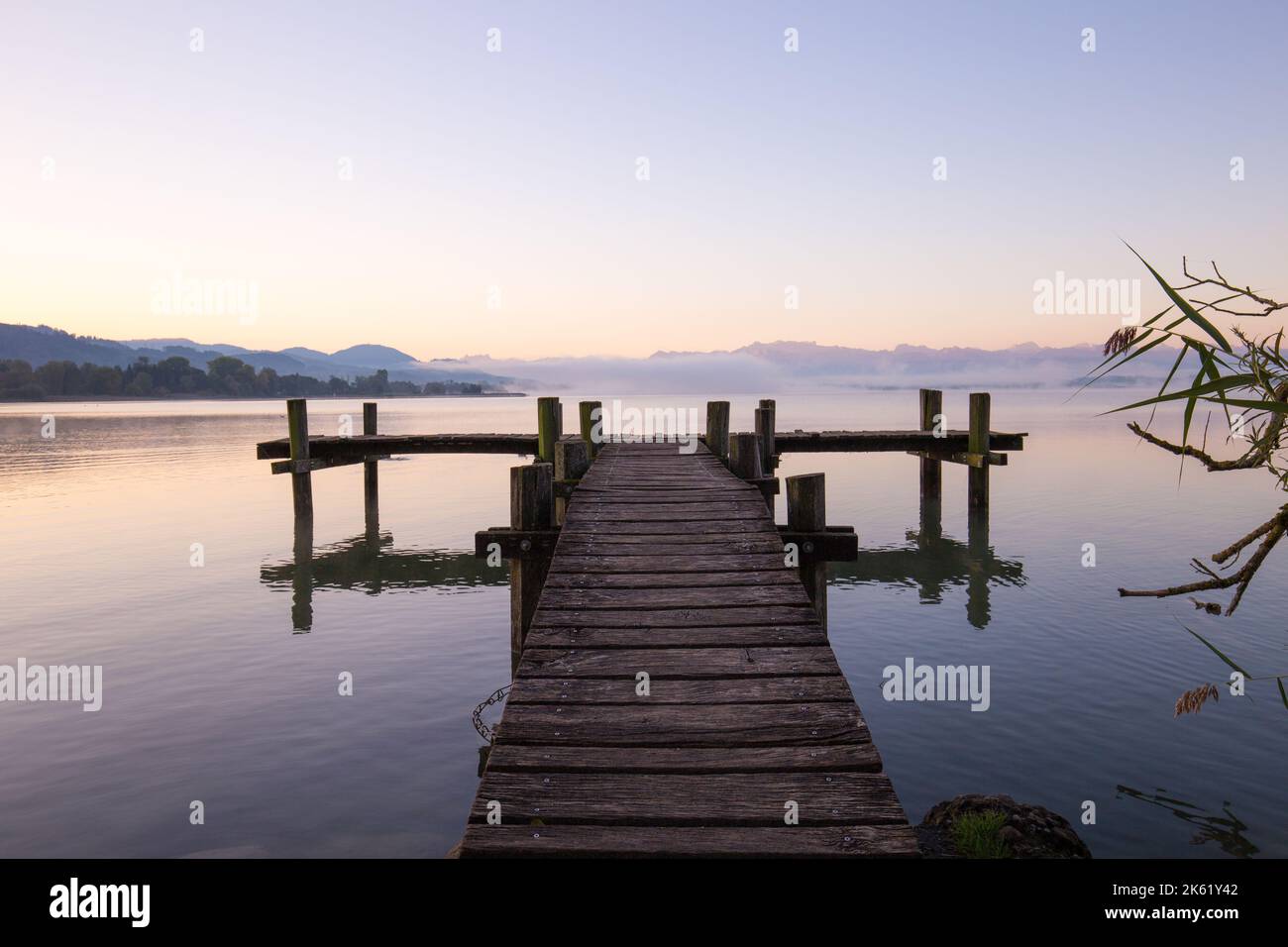 Early morning mood at the Pfäffikersee in Switzerland at sunrise and clear weather with warm light. Stock Photo